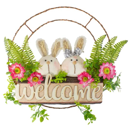 34769219 19 in. Dia. Easter Bunny Couple Floral Springtime Welcome Wreath, Pink & Green